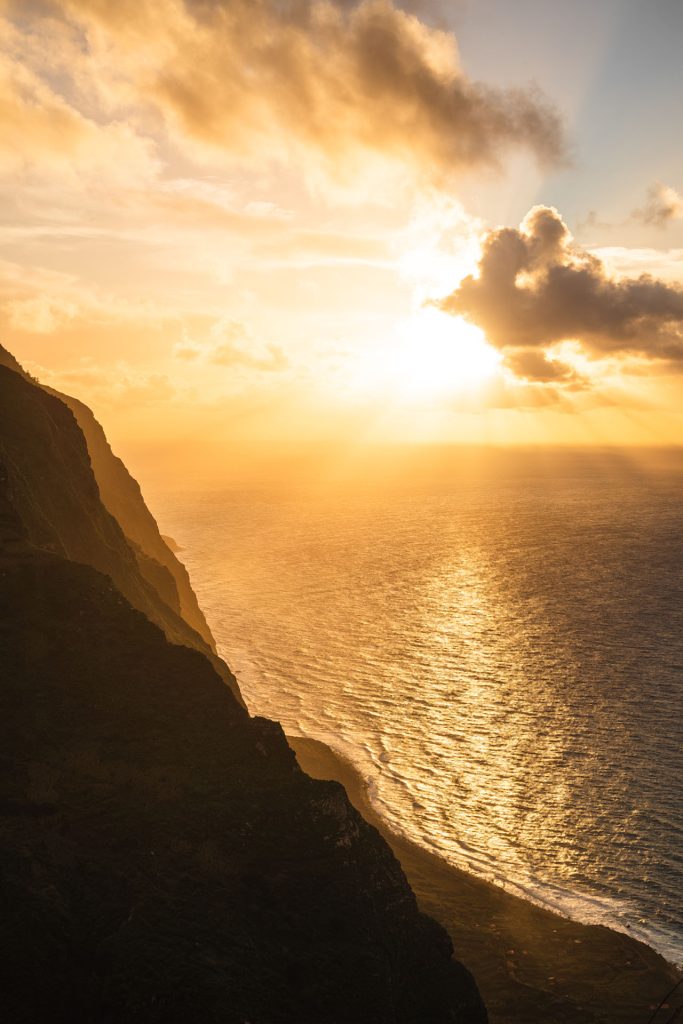 Sunset over the Atlantic Ocean as seen from Madeira’s coastline.
